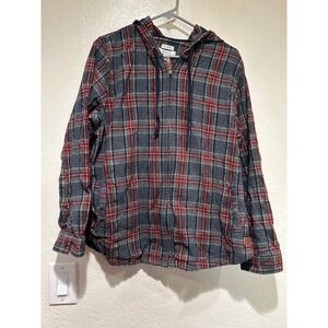 LL Bean womensLarge Relaxed Fit Flannel Full Zip Hoodie Plaid Grey Red 502092